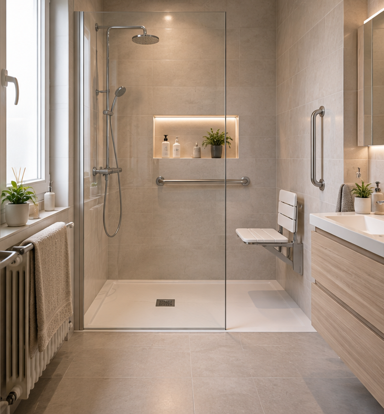 Même salle de bain après travaux : douche de plain-pied avec siège rabattable, barre d’appui et paroi vitrée