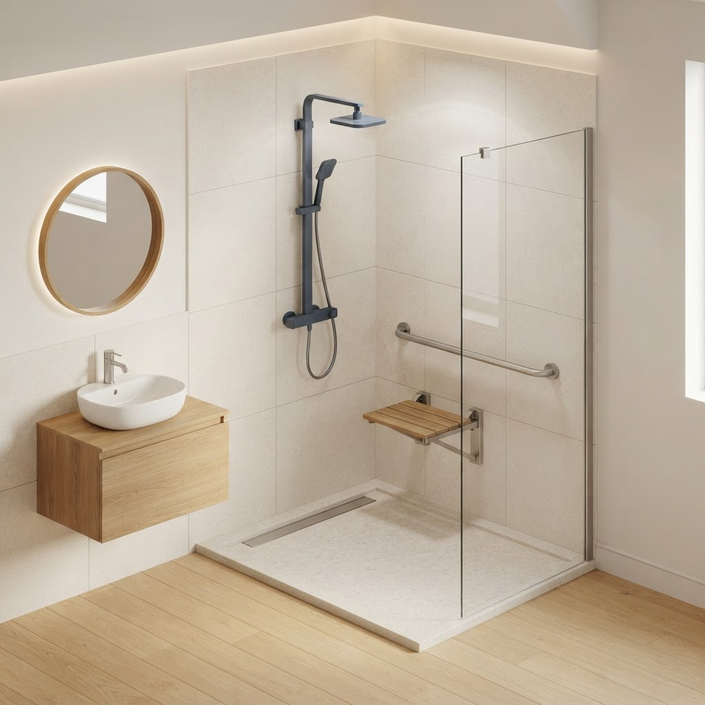 Vue d’une douche accessible : receveur extra-plat, paroi vitrée, colonne de douche, barre d’appui, siège rabattable et meuble vasque